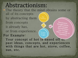 The theory that the mind obtains some or all of its concepts  by abstracting them  from concepts  it already has,  or from experience.  For Example: Your concept of hot is based off of past ideas, concepts, and experiences with things that are hot, stove, coffee, sun, etc. 