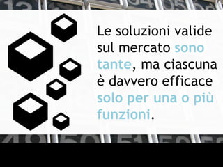 Le soluzioni valide
sul mercato sono
tante, ma ciascuna
è davvero efficace
solo per una o più
funzioni.
 