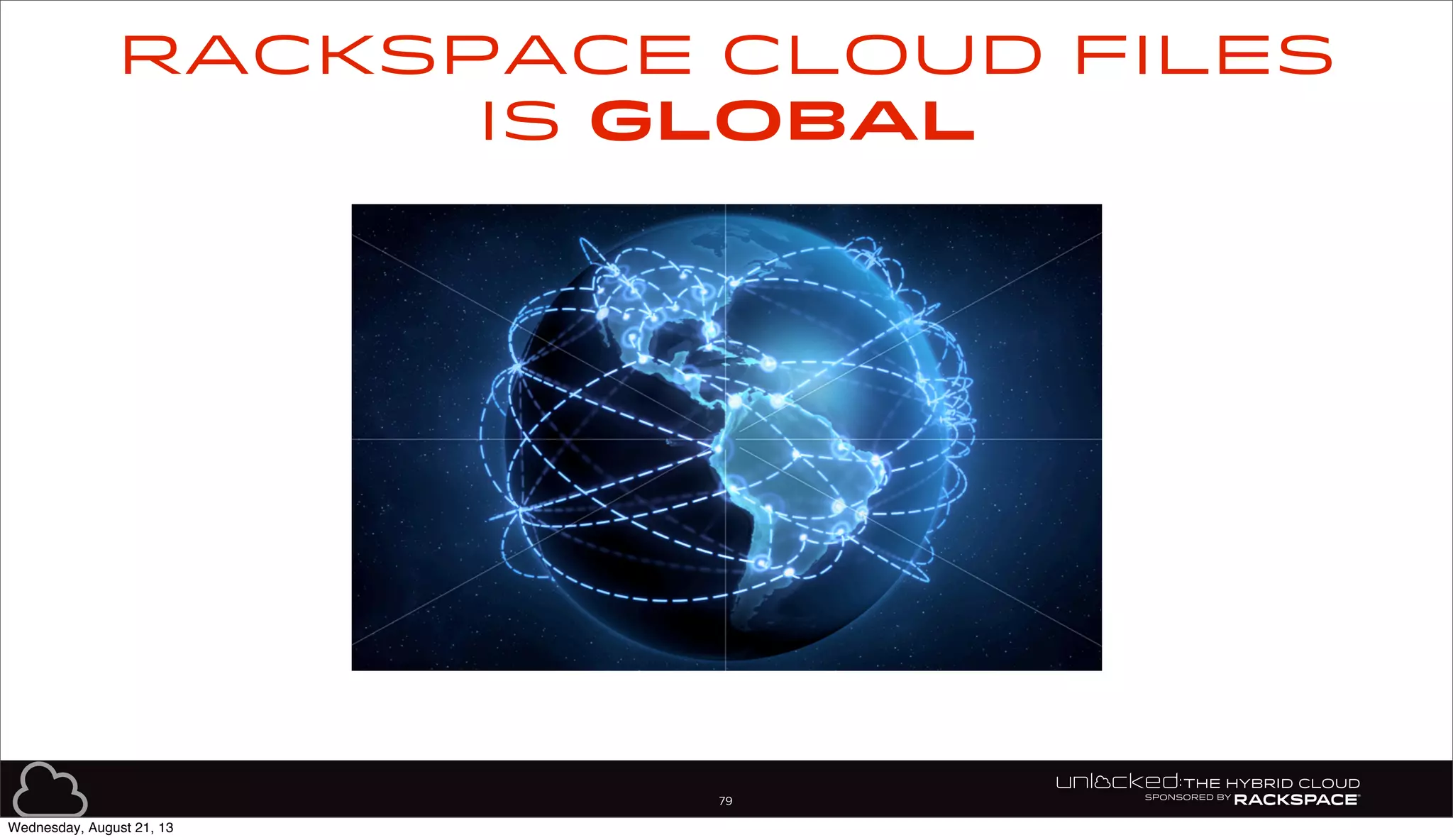 79
Rackspace Cloud Files
is GLOBAL
Wednesday, August 21, 13
 
