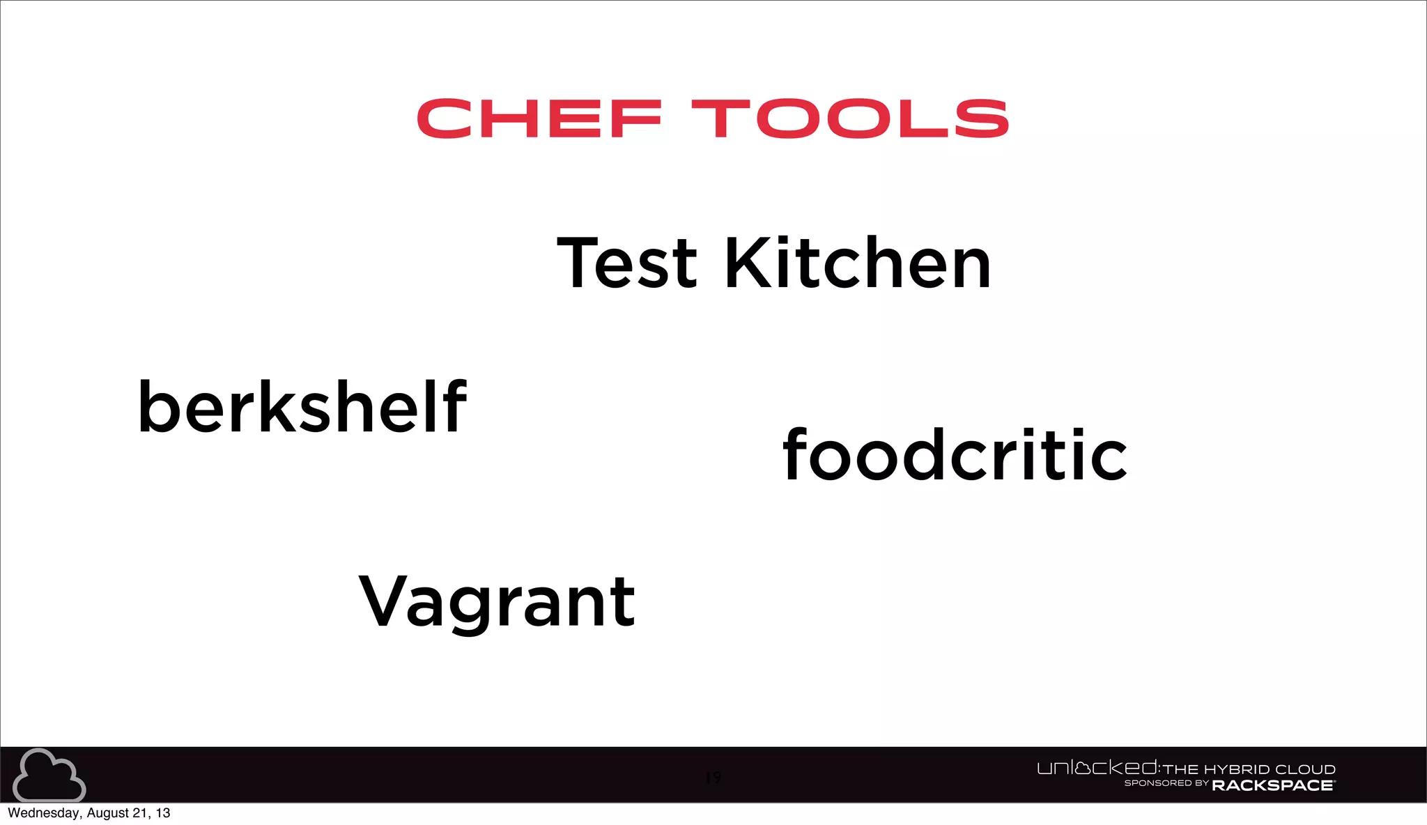 CHEF TOOLS
19
Test Kitchen
berkshelf
foodcritic
Vagrant
Wednesday, August 21, 13
 