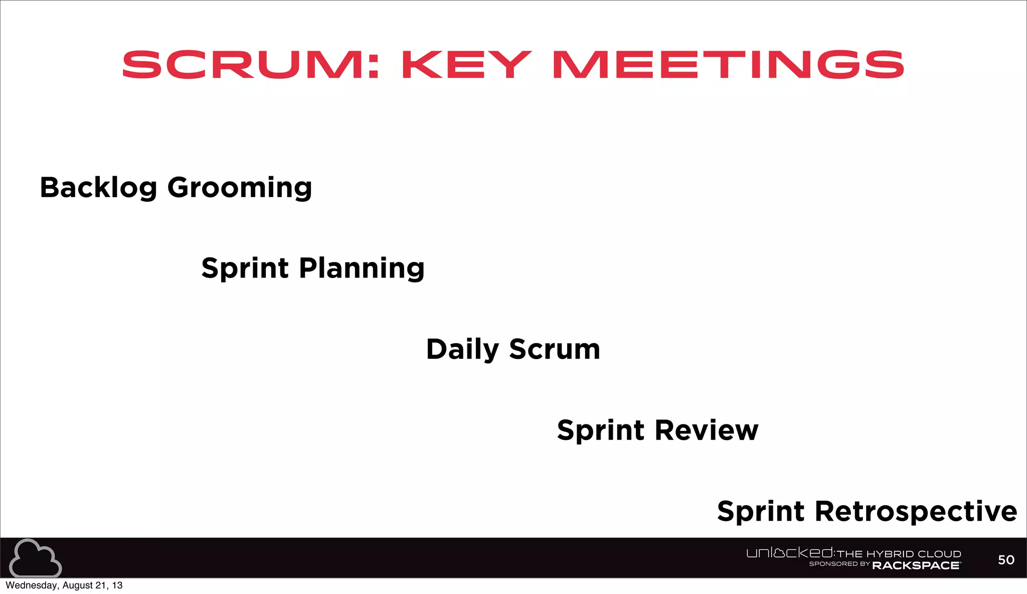 SCRUM: KEY MEETINGS
50
Backlog Grooming
Sprint Planning
Daily Scrum
Sprint Review
Sprint Retrospective
Wednesday, August 21, 13
 