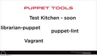 PUPPET TOOLS
23
Test Kitchen - soon
librarian-puppet
puppet-lint
Vagrant
Wednesday, August 21, 13
 
