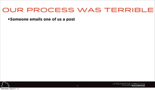 75
•Someone emails one of us a post
Our process was terrible
Wednesday, August 21, 13
 