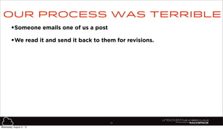 75
•Someone emails one of us a post
•We read it and send it back to them for revisions.
Our process was terrible
Wednesday, August 21, 13
 