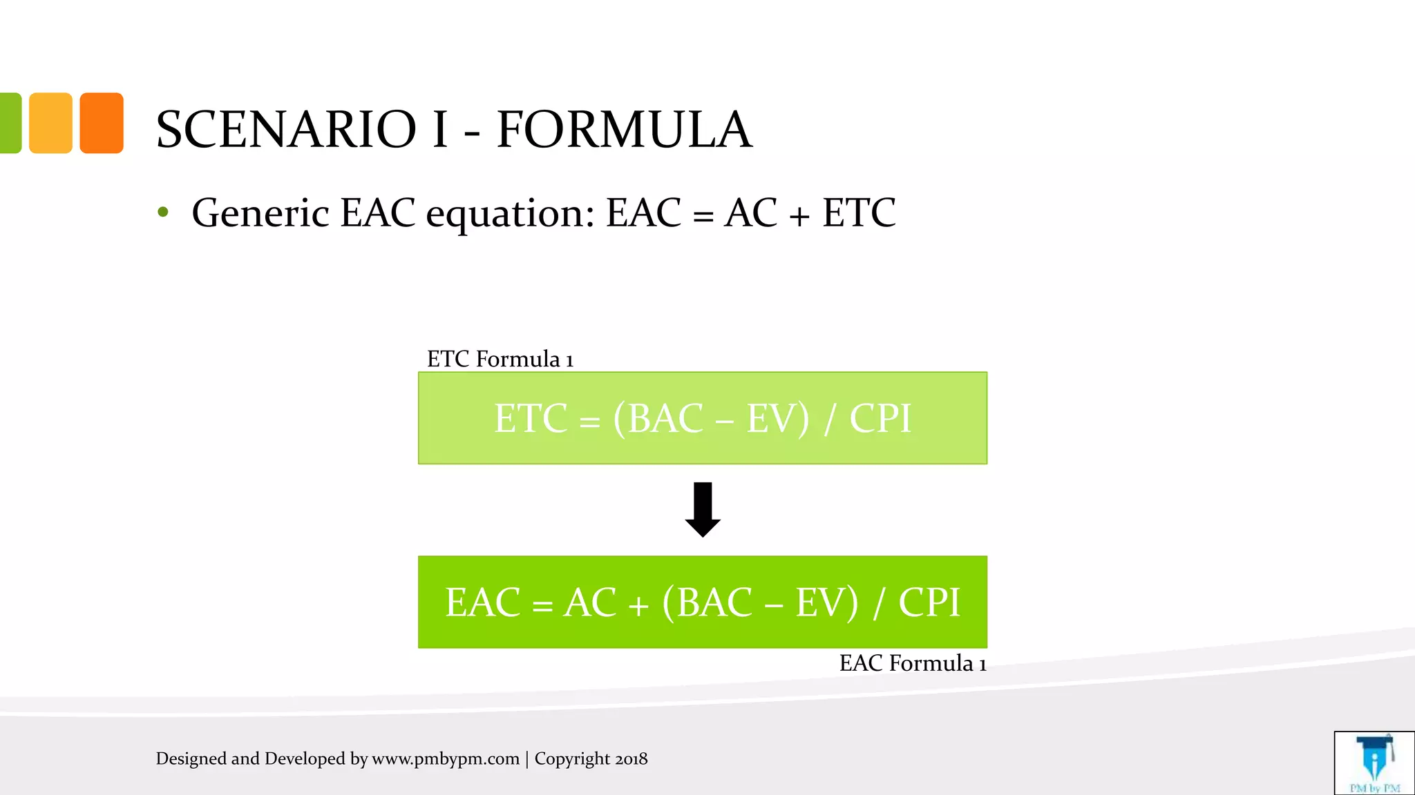 SCENARIO I - FORMULA
• Generic EAC equation: EAC = AC + ETC
Designed and Developed by www.pmbypm.com | Copyright 2018
EAC = AC + (BAC – EV) / CPI
ETC = (BAC – EV) / CPI
ETC Formula 1
EAC Formula 1
 