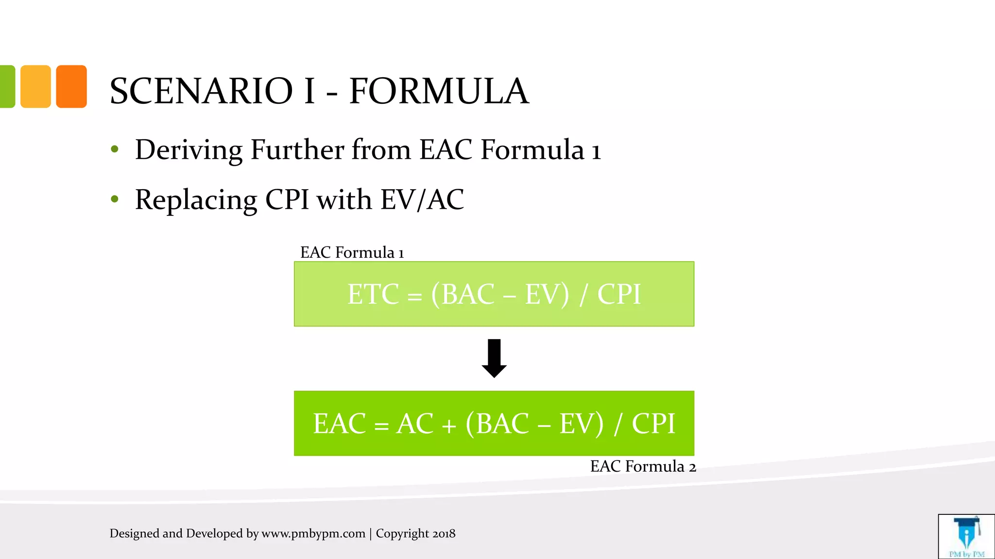 SCENARIO I - FORMULA
• Deriving Further from EAC Formula 1
• Replacing CPI with EV/AC
Designed and Developed by www.pmbypm.com | Copyright 2018
EAC = AC + (BAC – EV) / CPI
ETC = (BAC – EV) / CPI
EAC Formula 1
EAC Formula 2
 