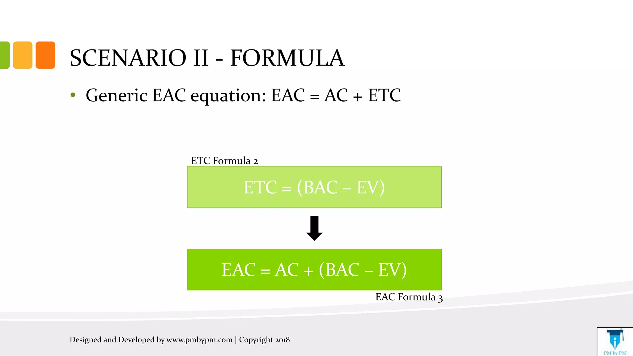 SCENARIO II - FORMULA
• Generic EAC equation: EAC = AC + ETC
Designed and Developed by www.pmbypm.com | Copyright 2018
EAC = AC + (BAC – EV)
ETC = (BAC – EV)
ETC Formula 2
EAC Formula 3
 