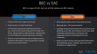 BEC vs EAC
BEC is a type of EAC, but not all EAC attacks are BEC attacks.
• Any unauthorized access to any email account
• Becomes you – the account owner
• Leverage compromised corporate accountsto send
phishing, scam, BEC and malware email lures, both
internallyand externally, to personal,and
corporate contactsincludingpartners and
customers
• Goal is to steal money, steal personalinformation,
send phishing, spam, malware, pivotand move
laterallyin an organization
• A type of EAC that targets businesses
• Impersonate a trusted individual
• Conversationalpayloadtargeting businesses –
e.g., fraud emails requesting payrollchange, W-2
forms, aging reports or gift cards etc; impersonate
a C-level executive requesting money transfers;
• Goal is to trick employees into sending money or
sensitive information, redirect payments, change
bank account information
EAC
BEC
 