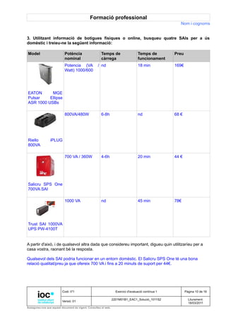 Formació professional
                                                                                                        Nom i cognoms


3. Utilitzant informació de botigues físiques o online, busqueu quatre SAIs per a ús
domèstic i treieu-ne la següent informació:

Model                      Potència                    Temps de                    Temps de          Preu
                           nominal                     càrrega                     funcionament
                           Potencia (VA             / nd                           18 min            169€
                           Watt) 1000/600




EATON      MGE
Pulsar    Ellipse
ASR 1000 USBs

                           800VA/480W                  6-8h                        nd                68 €




Riello           iPLUG
800VA

                           700 VA / 360W               4-6h                        20 min            44 €




Salicru SPS One
700VA SAI

                           1000 VA                     nd                          45 min            78€




Trust SAI 1000VA
UPS PW-4100T


A partir d'això, i de qualsevol altra dada que considereu important, digueu quin utilitzaríeu per a
casa vostra, raonant bé la resposta.

Qualsevol dels SAI podria funcionar en un entorn domèstic. El Salicru SPS One té una bona
relació qualitat/preu ja que ofereix 700 VA i fins a 20 minuts de suport per 44€.




                          Codi: I71                                Exercici d'avaluació contínua 1          Pàgina 10 de 16

                                                                 2201M01B1_EAC1_Solució_1011S2                Lliurament:
                          Versió: 01
                                                                                                              18/03/2011
Assegureu-vos que aquest document és vigent. Consulteu el web.
 