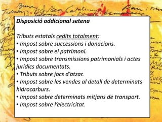 Disposició addicional setena

Tributs estatals cedits totalment:
• Impost sobre successions i donacions.
• Impost sobre el patrimoni.
• Impost sobre transmissions patrimonials i actes
jurídics documentats.
• Tributs sobre jocs d’atzar.
• Impost sobre les vendes al detall de determinats
hidrocarburs.
• Impost sobre determinats mitjans de transport.
• Impost sobre l’electricitat.
 