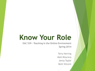 Know Your Role
EAC 539 – Teaching in the Online Environment
Spring 2014
Terry Herring
Matt Misuraca
Jenny Taylor
Beth Vincent
 