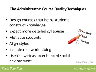 The Administrator: Course Quality Techniques
• Design courses that helps students
construct knowledge
• Expect more detailed syllabuses
• Motivate students
• Align styles
• Include real world doing
• Use the web as an enhanced social
environment
EAC 539, Spring 2014Know Your Role
Alley, 2009, p. 50
 