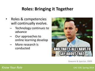 Roles: Bringing it Together
• Roles & competencies
will continually evolve.
– Technology continues to
advance
– Our approaches to
online learning develop
– More research is
conducted
EAC 539, Spring 2014Know Your Role
Bawane & Spector, 2009
 