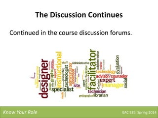 The Discussion Continues
Continued in the course discussion forums.
EAC 539, Spring 2014Know Your Role
 