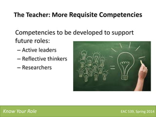 The Teacher: More Requisite Competencies
Competencies to be developed to support
future roles:
– Active leaders
– Reflective thinkers
– Researchers
EAC 539, Spring 2014Know Your Role
 