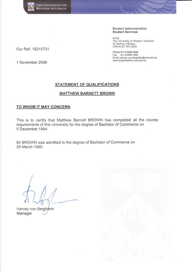 UWA degree confirmation letter