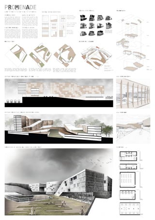 PROMENADEREMI
PROCESS STUDY MODELS
MASSING PLANS AXONOMETRIC DIAGRAM
PROGRAM AXON
SECTION THROUGH AXIS FROM TRAIN TO PARK
SECTION PERSPECTIVE THROUGH HOUSING AND SCHOOL
Two Bedroom
Area: 60 sqm
One Bedroom/Studio
Area: 38.5 sqm
Classroom
Area: 100 sqm
Open Plan Office
Area: 104 sqm
Office Suite
Area: 60 113sqm
10 m
10m
3 m
10 m 3 m
6m
13 m
8m
11 m 2 m
11 m 2 m
3.5m6m
R M A
BLURRING EDGES
We blur hard edges that segregated and
stopped views. Blurring inside vs out-
side, landscape vs building, and blur-
ring edges between people and program.
The train and the park are both collective
elements on the site that bring people
together. The question we asked about our
site: How can we design a space that does
not create a barrier between the train and
the park, but instead blurs the edges and
creates a space that connects people to
the train, to the park, and to each other?
MIRELLE ALENA
BELOW PLATFORM | Parking extends below the plat-
form and ground, and school sports, performances,
and practices take place here, where daylight should
not enter. Between the platforms is public space.
WHERE THE PATH IS JUST AS FUN AS THE DESTINATION.
+DESIGN OBJECTIVES
+FIELD OF POINTS
Creates conditions of
edges, paths, intimacy, and
division without the need
of solid masses and walls.
+CONTINUITY OF PLANES
Continuity of planes diss-
ovles the distinction
between separate levels,
which allows spaces to
become more invivting.
+SHIFTING MASSES
Shifting masses breaks the
edges of the building and
introduces opportunities
for community space and
greater connection to
+CONNECTING SIDES
Acknowledge rail and park.
Do not create barriers.
Visual connection to train,
physical connection to
park.
+MAINTAINING AXIS
+PATH OVER STREET +ACCESS POINTS +MIXING OF PROGRAM +SOLAR CONDITIONS
Strategic massing and
orientation to allow for
all spaces on site to have
access to sunlight.
+Connection to outdoors
No obstruction of existing
axis through the site.
Maintain this path and
create public space along
path.
Move people over the street
and elevate to protect
people from the street.
Connect people to and from
the key access points.
Create paths that allow for
easy movement.
Find opportunities to
connect and mix programs to
allow for greater diversi-
ty.
Allow people inside to feel
a connection to the exteri-
or, and people outside to
connect to the interior.
NODES OF ACTIVITY
We placed programs according to nodes
of activity and circulation. The high-
est levels of activity occur at the
corners of the site due to the prox-
imity to the metro path. Programs were
located according to levels of priva-
cy and intimacy. For example, hous-
ing demands for higher levels of pri-
vacy while an office should be located
close to the nodes of activity. Green
space was also located in accordance to
the nodes of the site. The location
of the program and form of the mass.
PLATFORM PROMENADE
We created a promenade at street lev-
el and pushed program below to act as
a plinth to this platform. Greenspace
occurs at the center to allow for the
connection of the rail to the park. We
used a form that efficiently directs a
person’s path along the platform. We
pulled forms apart to break down the
scale at the platform and to break sym-
metry and allow for better control and
connection between programs. Promenades
exist within the buildings as long wind-
ing programs connect over the road.
SYSTEM OF DESIGN
Each building is separated into 2 parts
that peel up and wrap around one another,
to break up the mass and to allow for
better lighting strategies and provide
more green space for residents, workers,
students, and pedestrians. Cantilevers
indicate entrance to a new space. Scale
along promenade is maintained with the
carving and peeling. Facade system cre-
ates both unity and variety in the form.
Green spaces are created by the wrapping
of forms and gives residents and schools
private spaces away from promenade.
INITIAL DESIGN OBJECTIVES
+DESIGN OBJECTIVES
+FIELD OF POINTS
Creates conditions of
edges, paths, intimacy, and
division without the need
of solid masses and walls.
+CONTINUITY OF PLANES
Continuity of planes diss-
ovles the distinction
between separate levels,
which allows spaces to
become more invivting.
+SHIFTING MASSES
Shifting masses breaks the
edges of the building and
introduces opportunities
for community space and
greater connection to
+CONNECTING SIDES
Acknowledge rail and park.
Do not create barriers.
Visual connection to train,
physical connection to
park.
+MAINTAINING AXIS
+PATH OVER STREET +ACCESS POINTS +MIXING OF PROGRAM +SOLAR CONDITIONS
Strategic massing and
orientation to allow for
all spaces on site to have
access to sunlight.
+Connection to outdoors
No obstruction of existing
axis through the site.
Maintain this path and
create public space along
path.
Move people over the street
and elevate to protect
people from the street.
Connect people to and from
the key access points.
Create paths that allow for
easy movement.
Find opportunities to
connect and mix programs to
allow for greater diversi-
ty.
Allow people inside to feel
a connection to the exteri-
or, and people outside to
connect to the interior.
+DESIGN OBJECTIVES
+FIELD OF POINTS
Creates conditions of
edges, paths, intimacy, and
division without the need
of solid masses and walls.
+CONTINUITY OF PLANES
Continuity of planes diss-
ovles the distinction
between separate levels,
which allows spaces to
become more invivting.
+SHIFTING MASSES
Shifting masses breaks the
edges of the building and
introduces opportunities
for community space and
greater connection to
+CONNECTING SIDES
Acknowledge rail and park.
Do not create barriers.
Visual connection to train,
physical connection to
park.
+MAINTAINING AXIS
+PATH OVER STREET +ACCESS POINTS +MIXING OF PROGRAM +SOLAR CONDITIONS
Strategic massing and
orientation to allow for
all spaces on site to have
access to sunlight.
+Connection to outdoors
No obstruction of existing
axis through the site.
Maintain this path and
create public space along
path.
Move people over the street
and elevate to protect
people from the street.
Connect people to and from
the key access points.
Create paths that allow for
easy movement.
Find opportunities to
connect and mix programs to
allow for greater diversi-
ty.
Allow people inside to feel
a connection to the exteri-
or, and people outside to
connect to the interior.
+DESIGN OBJECTIVES
+FIELD OF POINTS
Creates conditions of
edges, paths, intimacy, and
division without the need
of solid masses and walls.
+CONTINUITY OF PLANES
Continuity of planes diss-
ovles the distinction
between separate levels,
which allows spaces to
become more invivting.
+SHIFTING MASSES
Shifting masses breaks the
edges of the building and
introduces opportunities
for community space and
greater connection to
+CONNECTING SIDES
Acknowledge rail and park.
Do not create barriers.
Visual connection to train,
physical connection to
park.
+MAINTAINING AXIS
+PATH OVER STREET +ACCESS POINTS +MIXING OF PROGRAM +SOLAR CONDITIONS
Strategic massing and
orientation to allow for
all spaces on site to have
access to sunlight.
+Connection to outdoors
No obstruction of existing
axis through the site.
Maintain this path and
create public space along
path.
Move people over the street
and elevate to protect
people from the street.
Connect people to and from
the key access points.
Create paths that allow for
easy movement.
Find opportunities to
connect and mix programs to
allow for greater diversi-
ty.
Allow people inside to feel
a connection to the exteri-
or, and people outside to
connect to the interior.
+DESIGN OBJECTIVES
+FIELD OF POINTS
Creates conditions of
edges, paths, intimacy, and
division without the need
of solid masses and walls.
+CONTINUITY OF PLANES
Continuity of planes diss-
ovles the distinction
between separate levels,
which allows spaces to
become more invivting.
+SHIFTING MASSES
Shifting masses breaks the
edges of the building and
introduces opportunities
for community space and
greater connection to
+CONNECTING SIDES
Acknowledge rail and park.
Do not create barriers.
Visual connection to train,
physical connection to
park.
+MAINTAINING AXIS
+PATH OVER STREET +ACCESS POINTS +MIXING OF PROGRAM +SOLAR CONDITIONS
Strategic massing and
orientation to allow for
all spaces on site to have
access to sunlight.
+Connection to outdoors
No obstruction of existing
axis through the site.
Maintain this path and
create public space along
path.
Move people over the street
and elevate to protect
people from the street.
Connect people to and from
the key access points.
Create paths that allow for
easy movement.
Find opportunities to
connect and mix programs to
allow for greater diversi-
ty.
Allow people inside to feel
a connection to the exteri-
or, and people outside to
connect to the interior.
R A A A A .
Field of points
Continuity of Planes
Efficiency of Space
Train + Park Connection
Connection of Nodes
Mixing of Program
Maintain Axis
Passive systems
Blur Boundaries
1 = 1/500
ON PLATFORM | The office park is porous to al-
low for people to utilize this public space.
The Promenade allows people to walk around the
site and have an elevated view of the park.
ABOVE PLATFORM | Programs connect above the ground
and cantilever over the road, over retail, and
shade public space. The alternation between build-
ings resting on the ground and elevating cre-
ates a variety of spaces and maximizes public space
Nodes of high cir-
culation levels
Connection from park
to trains
Connecting programs while
maintaining axis
PARKING
SCHOOL
MEDICAL OFFICES
HOUSING
OFFICES
SCHOOL
RETAIL
VIEW FROM APARTMENT
VIEW FROM RAMP
FLOORPLANS
Study models explore
how to create a prom-
enade while maintain-
ing the perpendicu-
lar axis of the site.
PERSPECTIVE OF HOUSING AND CONNECTION OVER STREET 1:25
MA A
A
R M R RAM A
A M R A RAM
R M A A MR A R M RA AR
R R A
R A R R R A
R M RAM
RR A
A RM R M A M
 