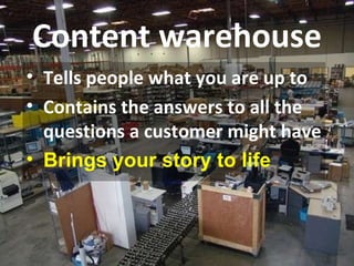 Content warehouse Tells people what you are up to Contains the answers to all the questions a customer might have Brings your story to life 