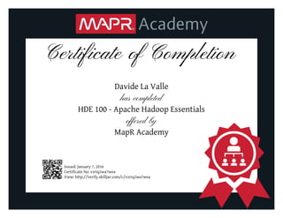 Certificate of Completion
Davide La Valle
has completed
HDE 100 - Apache Hadoop Essentials
offered by
MapR Academy
Issued: January 7, 2016
Certificate No: vzriq2wa7wea
View: http://verify.skilljar.com/c/vzriq2wa7wea
 