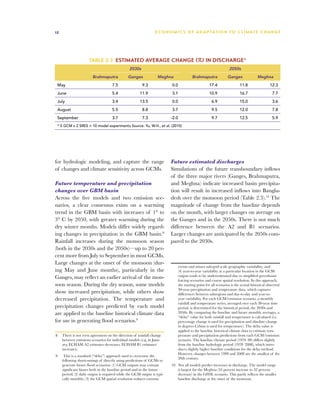 12                                                               E C O N O M I C S O F A D A P TAT I O N T O C L I M AT E C H A N G E




                      Table 2.3 Estimated average change (%) in discharge*
                                                2030s                                                               2050s
                        Brahmaputra            Ganges              Meghna                 Brahmaputra              Ganges              Meghna
 May                                 7.5                 9.3              0.0                         17.4                 11.8                 12.3
 June                                5.4               11.9               3.1                         10.9                 16.7                  7.7
 July                                3.4               13.5               0.0                           6.9                15.0                  3.6
 August                              5.5                 8.8              3.7                           9.5                12.0                  7.8
 September                           3.7                 7.3              -2.0                          9.7                12.5                  5.9
 * 5 GCM x 2 SRES = 10 model experiments Source: Yu, W.H., et al. (2010)




for hydrologic modeling, and capture the range                            Future estimated discharges
of changes and climate sensitivity across GCMs.                           Simulations of the future transboundary inflows
                                                                          of the three major rivers (Ganges, Brahmaputra,
Future temperature and precipitation                                      and Meghna) indicate increased basin precipita-
changes over GBM basin                                                    tion will result in increased inflows into Bangla-
Across the five models and two emission sce-                              desh over the monsoon period (Table 2.3).10 The
narios, a clear consensus exists on a warming                             magnitude of change from the baseline depends
trend in the GBM basin with increases of 1° to                            on the month, with larger changes on average on
3° C by 2050, with greater warming during the                             the Ganges and in the 2050s. There is not much
dry winter months. Models differ widely regard-                           difference between the A2 and B1 scenarios.
ing changes in precipitation in the GBM basin.8                           Larger changes are anticipated by the 2050s com-
Rainfall increases during the monsoon season                              pared to the 2030s.
(both in the 2030s and the 2050s)—up to 20 per-
cent more from July to September in most GCMs.
Large changes at the onset of the monsoon (dur-
                                                                                 events and misses sub-grid scale geographic variability; and
ing May and June months), particularly in the                                    (4) year-to-year variability at a particular location in the GCM
Ganges, may reflect an earlier arrival of the mon-                               output tends to be underestimated due to simplified greenhouse
                                                                                 forcing scenarios and coarse spatial resolution. In this approach,
soon season. During the dry season, some models                                  the starting point for all scenarios is the actual historical observed
                                                                                 30-year precipitation and temperature data, which captures
show increased precipitation, while others show                                  differences between subregions and day-to-day and year-to-
decreased precipitation. The temperature and                                     year variability. For each GCM/emission scenario, a monthly
                                                                                 rainfall and temperature series, averaged over each 30-year time
precipitation changes predicted by each model                                    period, is determined for the historical period, the 2030s and
are applied to the baseline historical climate data                              2050s. By comparing the baseline and future monthly averages, a
                                                                                 “delta” value for both rainfall and temperature is calculated (i.e.
for use in generating flood scenarios.9                                          percentage change is used for precipitation and absolute change
                                                                                 in degrees Celsius is used for temperature). The delta value is
                                                                                 applied to the baseline historical climate data to estimate tem-
8	 There is not even agreement on the direction of rainfall change               perature and precipitation predictions from each GCM/emission
   between emissions scenarios for individual models (e.g. in Janu-              scenario. The baseline climate period (1979–99) differs slightly
   ary, ECHAM A2 estimates decreases, ECHAM B1 estimates                         from the baseline hydrologic period (1978–2008), which intro-
   increases).                                                                   duces slightly higher baseline conditions for the delta method.
                                                                                 However, changes between 1999 and 2008 are the smallest of the
9	    This is a standard (“delta”) approach used to overcome the
                                                                                 20th century.
     following shortcomings of directly using predictions of GCMs to
     generate future flood scenarios: (1) GCM outputs may contain         10	 Not all models predict increases in discharge. The model range
     significant biases both in the baseline period and in the future         is largest for the Meghna (55 percent increase to 32 percent
     period; (2) daily output is required while the GCM output is typi-       decrease) in the GFDL scenario. This partly reflects the smaller
     cally monthly; (3) the GCM spatial resolution reduces extreme            baseline discharge at the onset of the monsoon.
 