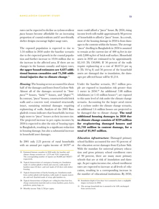 BA N G L A D E S H CO U N T RY ST U DY                                                                                                       33




rates can be expected to decline as cyclone-resilient                      more could afford a “pucca” house. By 2050, rising
pucca houses become affordable for an increasing                           income levels will enable approximately 98 percent
proportion of coastal residents and if user-friendly                       of households to afford a “pucca” house. As a result,
shelter designs encourage higher usage rates.                              most of the housing damage in 2050 is from dam-
                                                                           ages to the contents within the houses. The average
The exposed population is expected to rise to                              “pucca” dwelling in Bangladesh in 2050 is assumed
5.34 million in 2050 under the baseline scenario                           to remain at the current size of 400 sq feet in size
due to the expected growth in the coastal popula-                          with 2,000 sq feet of brick wall surface. Household
tion and further increase to 10.04 million due to                          assets in 2050 are estimated to be approximately
the increase in the affected area. If there are no                         $2,143 (Tk 150,000). If 50 percent of the walls
changes in the human casualty and injury rates,                            require replastering at a cost of $0.0714 per sq
the upper bound estimates are 4,637 addi-                                  ft (Tk 10/sq ft) and 50 percent of the household
tional human casualties and 75,268 addi-                                   assets are damaged due to inundation, the dam-
tional injuries due to climate change.35                                   ages per affected house will be $1,214.

Housing: The housing sector accounted for about                            Under the baseline scenario, 28.7 million peo-
half of the damages and losses from Cyclone Sidr.                          ple are exposed to inundation risk greater than
Almost all of the damages occurred in “Semi-                               1 meter in 2050.40 An additional 7.08 million
pucca”36 houses, “kacha”37 houses, and “jhupris”38.                        inhabitants (or 1.45 million houses41) are exposed
In contrast, “pucca” houses, constructed with brick                        to this same level of risk under the climate change
walls and a concrete roof, remained structurally                           scenario. Accounting for the larger areal extent
intact, sustaining minimal damages requiring                               of a cyclone under the climate change scenario,
replastering of walls. Analysis of the 2001 Ban-                           an additional 1.6 million houses are projected to
gladesh census indicates that households increas-                          be damaged due to climate change. The total
ingly move to “pucca” houses as their incomes rise.                        additional housing damages in 2050 due
The projected increase in per capita incomes by                            to climate change consists of $229 million
2050 is expected to alter the mix of housing types                         for re-plastering damaged houses and
in Bangladesh, resulting in a significant reduction                        $1,718 million in content damage, for a
in housing damage, but also a substantial increase                         total of $1,947 million.
in household asset damages.
                                                                           Education infrastructure: Damaged primary
In 2001 only 2.23 percent of rural households                              school facilities accounted for over 95 percent of
with an annual per capita income of $47039 or                              the education sector damages from Cyclone Sidr.
                                                                           With the mandate for universal primary educa-
35	 Estimated human casualties in 2050 under the baseline and              tion and gross primary school enrollment rates
    climate change scenarios are 5,274 and 9,911 respectively.
    The corresponding number of injuries are 85,609 and 160,877            of 90 percent, there are many more primary
    respectively.                                                          schools that are at risk of inundation and dam-
36	 Typical characteristics of semi-pucca housing are: foundation          age. As per capita incomes rise, school enrollment
    made of earthen plinth or brick and concrete, walls made of
    bamboo mats, CI sheet and roof made of CI sheet with timber            rates are expected to increase at all levels of edu-
    framing.
                                                                           cation, resulting in a corresponding increase in
37	 Typical characteristics of kacha housing are: foundation made
    from earthen plinth with bamboo, walls made of organic materi-         the number of educational institutions. By 2050,
    als, and roof thatched made of straw, split bamboo etc.
38	 Typical characteristics of jhupris are: ceiling less than four feet,   40	 Inundation depth of less than 1m is assumed to have a negligible
    cheap construction materials such as straw, bamboo, grass, leaves,         impact on houses in 2050.
    polythene, gunny bags, etc.
                                                                           41	 The average household size is assumed to be 4.89, unchanged
39	 Monthly income Taka 2,750 per capita.                                      from current levels.
 