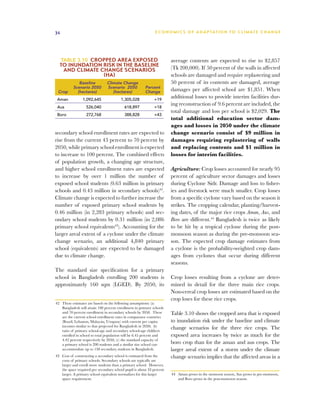 34                                                             E C O N O M I C S O F A D A P TAT I O N T O C L I M AT E C H A N G E




  Table 3.10 Cropped area exposed                                       average contents are expected to rise to $2,857
  to inundation risk in the baseline                                    (Tk 200,000). If 50 percent of the walls in affected
   and climate change scenarios
                 (ha)                                                   schools are damaged and require replastering and
              Baseline          Climate Change                          50 percent of its contents are damaged, average
           Scenario 2050        Scenario 2050            Percent
 Crop        (hectares)            (hectares)            Change         damages per affected school are $1,851. When
 Aman            1,092,645               1,305,028            +19
                                                                        additional losses to provide interim facilities dur-
                                                                        ing reconstruction of 9.6 percent are included, the
 Aus               526,040                 618,897            +18
                                                                        total damage and loss per school is $2,029. The
 Boro              272,768                 388,828            +43
                                                                        total additional education sector dam-
                                                                        ages and losses in 2050 under the climate
secondary school enrollment rates are expected to                       change scenario consist of $9 million in
rise from the current 43 percent to 70 percent by                       damages requiring replastering of walls
2050, while primary school enrollment is expected                       and replacing contents and $1 million in
to increase to 100 percent. The combined effects                        losses for interim facilities.
of population growth, a changing age structure,
and higher school enrollment rates are expected                         Agriculture: Crop losses accounted for nearly 95
to increase by over 1 million the number of                             percent of agriculture sector damages and losses
exposed school students (0.63 million in primary                        during Cyclone Sidr. Damage and loss to fisher-
schools and 0.43 million in secondary schools)42.                       ies and livestock were much smaller. Crop losses
Climate change is expected to further increase the                      from a specific cyclone vary based on the season it
number of exposed primary school students by                            strikes. The cropping calendar, planting/harvest-
0.46 million (in 2,283 primary schools) and sec-                        ing dates, of the major rice crops Aman, Aus, and
ondary school students by 0.31 million (in 2,086                        Boro are different.44 Bangladesh is twice as likely
primary school equivalents43). Accounting for the                       to be hit by a tropical cyclone during the post-
larger areal extent of a cyclone under the climate                      monsoon season as during the pre-monsoon sea-
change scenario, an additional 4,840 primary                            son. The expected crop damage estimates from
school (equivalents) are expected to be damaged                         a cyclone is the probability-weighted crop dam-
due to climate change.                                                  ages from cyclones that occur during different
                                                                        seasons.
The standard size specification for a primary
school in Bangladesh enrolling 200 students is                          Crop losses resulting from a cyclone are deter-
approximately 160 sqm (LGED). By 2050, its                              mined in detail for the three main rice crops.
                                                                        Non-cereal crop losses are estimated based on the
                                                                        crop loses for these rice crops.
42	 These estimates are based on the following assumptions: (a)
    Bangladesh will attain 100 percent enrollment in primary schools
    and 70 percent enrollment in secondary schools by 2050. These       Table 3.10 shows the cropped area that is exposed
    are the current school enrollment rates in comparator countries
    (Brazil, Lebanon, Malaysia, Uruguay) with current per capita        to inundation risk under the baseline and climate
    incomes similar to that projected for Bangladesh in 2050; (b)
    ratio of primary school-age and secondary school-age children
                                                                        change scenarios for the three rice crops. The
    enrolled in school to total population will be 6.45 percent and     exposed area increases by twice as much for the
    4.42 percent respectively by 2050, (c) the standard capacity of
    a primary school is 200 students and a similar size school can      boro crop than for the aman and aus crops. The
    accommodate up to 150 secondary students in Bangladesh.             larger areal extent of a storm under the climate
43	 Cost of constructing a secondary school is estimated from the       change scenario implies that the affected areas in a
    costs of primary schools. Secondary schools are typically are
    larger and enroll more students than a primary school. However,
    the space required per secondary school pupil is about 33 percent
    larger. A primary school equivalent normalizes for this larger      44	 Aman grows in the monsoon season, Aus grows in pre-monsoon,
    space requirement.                                                      and Boro grows in the post-monsoon season.
 