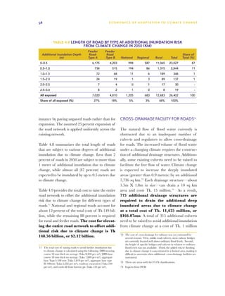 58                                                             E C O N O M I C S O F A D A P TAT I O N T O C L I M AT E C H A N G E




            Table 4.8 Length of road by type at additional inundation risk
                           from climate change in 2050 (km)
                                            Feeder         Feeder
  Additional Inundation Depth                Road-          Road                                                                     Share of
               (m)                          Type A         -Type B         National       Regional         Rural          Total      Total (%)
 0–0.5                                         6,175           4,203              998            587        11,065       23,027               87
 0.5–1.0                                          734            515              194              86         1,315       2,844               11
 1.0–1.5                                           72              68              11               6           189         346                1
 1.5–2.0                                           24              19                1              3            89         137                1
 2.0–2.5                                             7                 4             0              1            17           30                -
 2.5–3.0                                             8                 2             1              0              8          19                -
 All exposed                                   7,020           4,810            1,205            683        12,683       26,402             100
 Share of all exposed (%)                        27%             18%               5%             3%           48%        100%




instance by paving unpaved roads rather than for                           Cross-Drainage Facility for roads72
expansion. The assumed 25 percent expansion of
the road network is applied uniformly across the                           The natural flow of flood water currently is
existing network.                                                          obstructed due to an inadequate number of
                                                                           culverts and regulators to allow cross-drainage
Table 4.8 summarizes the total length of roads                             for roads. The increased volume of flood water
that are subject to various degrees of additional                          under a changing climate requires the construc-
inundation due to climate change. Less than 2                              tion of additional drainage structures. Addition-
percent of roads in 2050 are subject to more than                          ally, some existing culverts need to be raised to
1 meter of additional inundation due to climate                            facilitate the free flow of water. Climate change
change, while almost all (87 percent) roads are                            is expected to increase the deeply inundated
expected to be inundated by up to 0.5 meters due                           areas (greater than 0.9 meters) by an additional
to climate change.                                                         7,736 sq km.73 Each drainage structure—about
                                                                           1.5m X 1.8m in size—can drain a 10 sq km
Table 4.9 provides the total cost to raise the entire                      area and costs Tk. 15 million.74 As a result,
road network to offset the additional inundation                           775 additional drainage structures are
risk due to climate change for different types of                          required to drain the additional deep
roads.71 National and regional roads account for                           inundated areas due to climate change
about 12 percent of the total costs of Tk 149 bil-                         at a total cost of Tk. 11,625 million, or
lion, while the remaining 88 percent is required                           $166.07mn. A total of 315 additional culverts
for rural and feeder roads. The cost for elevat-                           need to be raised to avoid additional inundation
ing the entire road network to offset addi-                                from climate change at a cost of Tk. 1 million
tional risk due to climate change is Tk
                                                                           72	 The cost of cross-drainage for railways was not estimated for
148.56 billion, or $2.12 billion.                                              several reasons. First, unlike road culverts, most railway bridges
                                                                               are currently located well above ordinary flood levels. Second,
                                                                               the height of specific bridges and culverts in relation to ordinary
71	 The total cost of raising roads to avoid further inundation due            flood levels was not available. Third, the added risk of flooding
    to climate change is calculated using the following: DBS-wearing           due to climate change is concentrated in a limited area, making it
    course 50 mm thick on average (Taka 8,350 per m3), DBS-base                difficult to ascertain when additional cross-drainage facilities are
    course 50 mm thick on average (Taka 7,899 per m3), aggregate               warranted.
    base Type I-100 mm (Taka 2,819 per m3), aggregate base type
                                                                           73	 These are areas with the F2-F4 classifications.
    II-100mm (Taka 2,232 per m3), roadway excavation (Taka 184
    per m3), and earth fill from borrow pit (Taka 124 per m3).             74	 Experts from IWM
 