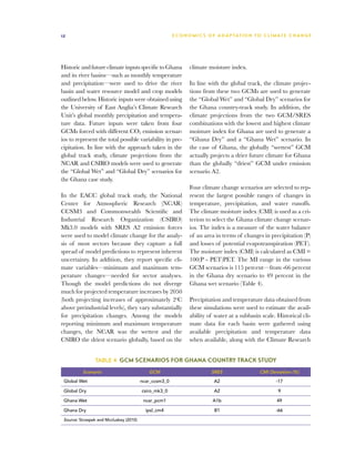 12                                                      E C O N O M I C S O F A D A P T AT I O N T O C L I M A T E C HAN G E




Historic and future climate inputs specific to Ghana            climate moisture index.
and its river basins—such as monthly temperature
and precipitation—were used to drive the river                  In line with the global track, the climate projec-
basin and water resource model and crop models                  tions from these two GCMs are used to generate
outlined below. Historic inputs were obtained using             the “Global Wet” and “Global Dry” scenarios for
the University of East Anglia’s Climate Research                the Ghana country-track study. In addition, the
Unit’s global monthly precipitation and tempera-                climate projections from the two GCM/SRES
ture data. Future inputs were taken from four                   combinations with the lowest and highest climate
GCMs forced with different CO2 emission scenar-                 moisture index for Ghana are used to generate a
ios to represent the total possible variability in pre-         “Ghana Dry” and a “Ghana Wet” scenario. In
cipitation. In line with the approach taken in the              the case of Ghana, the globally “wettest” GCM
global track study, climate projections from the                actually projects a drier future climate for Ghana
NCAR and CSIRO models were used to generate                     than the globally “driest” GCM under emission
the “Global Wet” and “Global Dry” scenarios for                 scenario A2.
the Ghana case study.
                                                                Four climate change scenarios are selected to rep-
In the EACC global track study, the National                    resent the largest possible ranges of changes in
Center for Atmospheric Research (NCAR)                          temperature, precipitation, and water runoffs.
CCSM3 and Commonwealth Scientific and                           The climate moisture index (CMI) is used as a cri-
Industrial Research Organization (CSIRO)                        terion to select the Ghana climate change scenar-
Mk3.0 models with SRES A2 emission forces                       ios. The index is a measure of the water balance
were used to model climate change for the analy-                of an area in terms of changes in precipitation (P)
sis of most sectors because they capture a full                 and losses of potential evapotranspiration (PET).
spread of model predictions to represent inherent               The moisture index (CMI) is calculated as CMI =
uncertainty. In addition, they report specific cli-             100(P - PET)PET. The MI range in the various
mate variables—minimum and maximum tem-                         GCM scenarios is 115 percent—from -66 percent
perature changes—needed for sector analyses.                    in the Ghana dry scenario to 49 percent in the
Though the model predictions do not diverge                     Ghana wet scenario (Table 4).
much for projected temperature increases by 2050
(both projecting increases of approximately 2oC                 Precipitation and temperature data obtained from
above preindustrial levels), they vary substantially            these simulations were used to estimate the avail-
for precipitation changes. Among the models                     ability of water at a subbasin scale. Historical cli-
reporting minimum and maximum temperature                       mate data for each basin were gathered using
changes, the NCAR was the wettest and the                       available precipitation and temperature data
CSIRO the driest scenario globally, based on the                when available, along with the Climate Research


                Table 4  GCM Scenarios for Ghana Country Track Study

          Scenario                          GCM                            SRES                   CMI Deviation (%)
 Global Wet                              ncar_ccsm3_0                       A2                            -17

 Global Dry                              csiro_mk3_0                        A2                             9

 Ghana Wet                                ncar_pcm1                        A1b                             49

 Ghana Dry                                 ipsl_cm4                         B1                            -66

 Source: Strzepek and Mccluskey (2010)
 