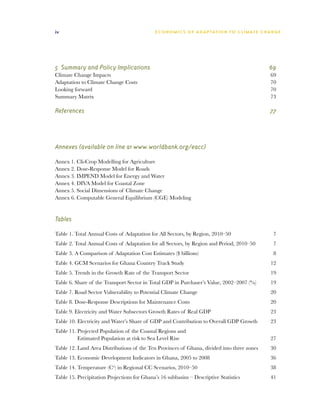 iv                                            E C O N O M I C S O F A D A P T AT I O N T O C L I M A T E C HAN G E




5  Summary and Policy Implications	                                                                        69
Climate Change Impacts	                                                                                     69
Adaptation to Climate Change Costs	                                                                         70
Looking forward	                                                                                            70
Summary Matrix	                                                                                             73

References	                                                                                                 77




Annexes (available on line at www.worldbank.org/eacc)	

Annex 1. Cli-Crop Modelling for Agriculture
Annex 2. Dose-Response Model for Roads
Annex 3. IMPEND Model for Energy and Water
Annex 4. DIVA Model for Coastal Zone
Annex 5. Social Dimensions of Climate Change
Annex 6. Computable General Equilibrium (CGE) Modeling


Tables

Table 1. Total Annual Costs of Adaptation for All Sectors, by Region, 2010–50 	                               7
Table 2. Total Annual Costs of Adaptation for all Sectors, by Region and Period, 2010–50	                     7
Table 3. A Comparison of Adaptation Cost Estimates ($ billions)	                                              8
Table 4. GCM Scenarios for Ghana Country Track Study	                                                       12
Table 5. Trends in the Growth Rate of the Transport Sector	                                                 19
Table 6. Share of the Transport Sector in Total GDP in Purchaser’s Value, 2002–2007 (%)	                    19
Table 7. Road Sector Vulnerability to Potential Climate Change	                                             20
Table 8. Dose-Response Descriptions for Maintenance Costs	                                                  20
Table 9. Electricity and Water Subsectors Growth Rates of Real GDP	                                         23
Table 10. Electricity and Water’s Share of GDP and Contribution to Overall GDP Growth	                      23
Table 11. Projected Population of the Coastal Regions and
          
          Estimated Population at risk to Sea Level Rise	                                                   27
Table 12. Land Area Distributions of the Ten Provinces of Ghana, divided into three zones	                  30
Table 13. Economic Development Indicators in Ghana, 2005 to 2008	                                           36
Table 14. Temperature (Co) in Regional CC Scenarios, 2010–50	                                               38
Table 15. Precipitation Projections for Ghana’s 16 subbasins – Descriptive Statistics	                      41
 