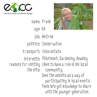 erewhon action on climate change



                              name: Frank
                                   age: 64
                                   job: Retired
                          politics: Conservative
                    transport: Volvo estate
              interests: Allotment, Gardening, Reading
     reasons for visiting Likes to have a role in his local
                the site: community,
                          Sees the website as a way of
                            participating in local events,
                          Feels he's got knowledge to share
                            with the younger generation.
 
