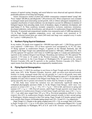 Andrew B. Carey
50
nstances of squirrel resting, foraging, and social behavior were observed and squirrels followed
predictable patterns of traveling and foraging.
Initial, retrospective studies of plant and wildlife communities compared natural “young” (40-
70 yr), “mature” (80-200 yr), and old-growth (> 250 yr) forests [42]. When comparisons were extended
to managed stands (post-clearcutting second growth, with or without subsequent manipulation), an
expanded classification of stand conditions was developed to account for differences in retention of
biological legacies from preceding stands, levels of decadence, degree of understory development, and
stand history [7, 8]. These conditions included: competitive exclusion, understory reinitiation,
developed understory, niche diversification, and old growth. In southwestern Oregon and Olympic
Peninsula, 55 structural and compositional variables were measured at each of 3,400 trap stations [4,
11]. In Puget Trough, vegetation composition, cover, and structure were measured at 15
randomly selected nested plots per stand (240 total) and fungi were sampled every 6 weeks
for 3 years (> 4,000 plots) [14, 15].
5. Northern Flying Squirrel Databases
In my studies, 56 stands were trapped for >500,000 trap nights and > 1,500 flying squirrels
were captured > 5,000 times; 226 of these squirrels were necropsied [4, 15, 47, 52]. Also,
35 flying squirrels in southwestern Oregon, 4 squirrels on the Olympic Peninsula, and 140
squirrels in the Puget Trough were radiotracked and located in >600 dens., 6,000 times [16]. Witt
[53,54] captured 165 squirrels 1,023 times in 16,000 trap nights in 2 stands and radiotracked 5
squirrels in the southern Oregon Coast Ranges. Rosenberg and Anthony [39, 40] captured 796
squirrels 1,719 times in 10 stands in the Western Cascades, Oregon. Graduate students
tracked 14 squirrels in the Coast Ranges of Washington [19], 39 squirrels in the central
Western Cascades [29], and 56 squirrels in the southern Western Cascades [23]. When I
report means from these data, they are accompanied by standard errors.
6. Flying Squirrel Demographics
Sex ratios were 1:1 (M:F) for nestlings in nest boxes in Puget Trough and for adults in all my
study areas [47]. In the Western Cascades, however, adult sex ratios were skewed towards
females in young, managed stands (but not old growth); in 1 year in old growth, more male
juveniles were caught than female juveniles [39]. Witt [53] found sex ratios of 1:1 for juveniles and
subadults (A-I and A-II) in summer in the Oregon Coast Range, but 1.5:1 in favor of male adults in
spring (possibly due to greater movements by males than by females in spring).
In fall, body mass varied but variation was not statistically significant among the
widespread physiographic provinces (Table 1). In the Oregon Coast Ranges, adult mass was
greatest in winter (143 ± 2 g, n = 55), 133 ± 3 g (n = 165) in fall, and lowest in spring and
summer (127 ± 1 g, n = 149). Over all seasons, adult Puget Trough squirrels were larger than
adult squirrels in southwestern Oregon in both femur length and body mass (142 ± 2 g vs.
132 ± 2 g); adult mass ranged from 105 g to 194 g. Provincial populations differed in other
respects also [47]. In southwestern Oregon, females matured sexually in their second spring;
in Washington, females matured in their first spring. Puget Trough A-II females gained weight
more quickly than Oregon A-II females (spring masses were 129 ± 3 g and 115 ± 2 g, respectively).
Puget Trough A-11 females in the spring weighed more (153 ± 3 g), on average, than A-III males
in Puget Trough (132 ± 2 g) or A-III males and females in southwestern Oregon (134 ± 3 g and
132 ± 3 g, respectively). In Washington, 90 % of A-II and A-III females were reproductively
 