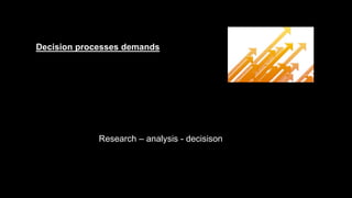 Decision processes demands
Research – analysis - decisison
 