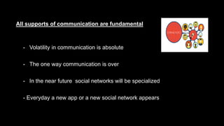 All supports of communication are fundamental
- Volatility in communication is absolute
- The one way communication is over
- In the near future social networks will be specialized
- Everyday a new app or a new social network appears
 