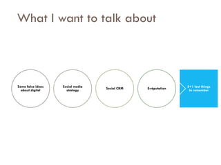 Savoir être pour agir avec Sens
What I want to talk about
5+1 last things
to rememberE-réputationSocial CRMSocial media
strategy
Some false ideas
about digital
 