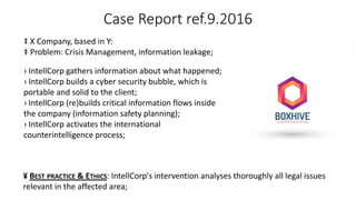 Case Report ref.9.2016
‡ X Company, based in Y:
‡ Problem: Crisis Management, information leakage;
› IntellCorp gathers information about what happened;
› IntellCorp builds a cyber security bubble, which is
portable and solid to the client;
› IntellCorp (re)builds critical information flows inside
the company (information safety planning);
› IntellCorp activates the international
counterintelligence process;
¥ BEST PRACTICE & ETHICS: IntellCorp's intervention analyses thoroughly all legal issues
relevant in the affected area;
 