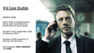 # 6 Case Studies
Zones with a strong presence:
Africa, Golf, South America,
North America and Europe;
Duration Time: September 2016
to February 2017;
Number of HRs involved: 12
directly, 34 indirectly;
Risk involved: HIGH, MEDIUM
and LOW;
SAMPLE DATA
 