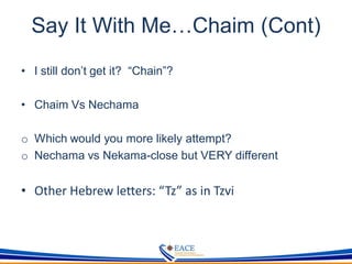 Say It With Me…Chaim (Cont)
• I still don’t get it? “Chain”?
• Chaim Vs Nechama
o Which would you more likely attempt?
o Nechama vs Nekama-close but VERY different
• Other Hebrew letters: “Tz” as in Tzvi
 