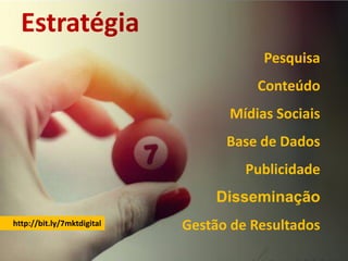 Estratégia 
Pesquisa 
Conteúdo 
Mídias Sociais 
Base de Dados 
Publicidade 
Disseminação 
http://bit.ly/7mktdigital Gestão de Resultados 
MARKETING DIGITAL www.fernandosouza.com.br 
 