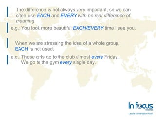 The difference is not always very important, so we can  often use  EACH  and   EVERY  with no real difference of  meaning When we are stressing the idea of a whole group,  EACH  is not used. e.g.: Those girls go to the club almost  every  Friday. We go to the gym  every  single day. e.g.: You look more beautiful  EACH/EVERY   time I see you. 