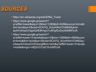 SOURCESSOURCES
 https://en.wikipedia.org/wiki/Eiffel_Tower
 https://www.google.gr/search?
q=eiffel+tower&espv=2&biw=1280&bih=629&source=lnms&t
bm=isch&sa=X&ved=0CAYQ_AUoAWoVChMIkMykmI-
ayAIVyKsaCh3gwQAE#imgrc=u5FgrEuDyo5bMM%3A
 https://www.google.gr/search?
q=eiffel+tower+3+levels&espv=2&biw=1280&bih=585&sourc
e=lnms&tbm=isch&sa=X&ved=0CAYQ_AUoAWoVChMI2sy-
o5aayAIVwlcaCh3Ozwrg#tbm=isch&q=eiffel+tower+3+levels
+inside&imgrc=xRjGVU7ykCXcmM%3A
 