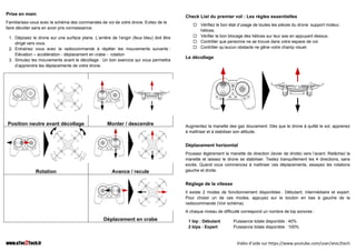 www.aToc2Tech.fr Vidéo d’aide sur https://www.youtube.com/user/atoc2tech
Prise en main
Familiarisez-vous avec le schéma des commandes de vol de votre drone. Evitez de le
faire décoller sans en avoir pris connaissance.
1. Déposez le drone sur une surface plane. L’arrière de l’engin (feux bleu) doit être
dirigé vers vous.
2. Entrainez vous avec la radiocommande à répéter les mouvements suivants :
Elévation – accélération - déplacement en crabe - rotation
3. Simulez les mouvements avant le décollage : Un bon exercice qui vous permettra
d’apprendre les déplacements de votre drone.
Position neutre avant décollage Monter / descendre
Rotation Avance / recule
Déplacement en crabe
Check List du premier vol : Les règles essentielles
 Vérifiez le bon état d’usage de toutes les pièces du drone: support moteur,
hélices.
 Vérifier le bon blocage des hélices sur leur axe en appuyant dessus.
 Contrôler que personne ne se trouve dans votre espace de vol.
 Contrôler qu’aucun obstacle ne gêne votre champ visuel.
Le décollage
Augmentez la manette des gaz doucement. Dès que le drone à quitté le sol, apprenez
à maîtriser et à stabiliser son altitude.
Déplacement horizontal
Poussez légèrement la manette de direction (levier de droite) vers l’avant. Relâchez la
manette et laissez le drone se stabiliser. Testez tranquillement les 4 directions, sans
excès. Quand vous commencez à maîtriser ces déplacements, essayez les rotations
gauche et droite.
Réglage de la vitesse
Il existe 2 modes de fonctionnement disponibles : Débutant, intermédiaire et expert.
Pour choisir un de ces modes, appuyez sur le bouton en bas à gauche de la
radiocommande (Voir schéma).
A chaque niveau de difficulté correspond un nombre de bip sonores :
1 bip : Débutant Puissance totale disponible : 40%
2 bips : Expert Puissance totale disponible : 100%
 