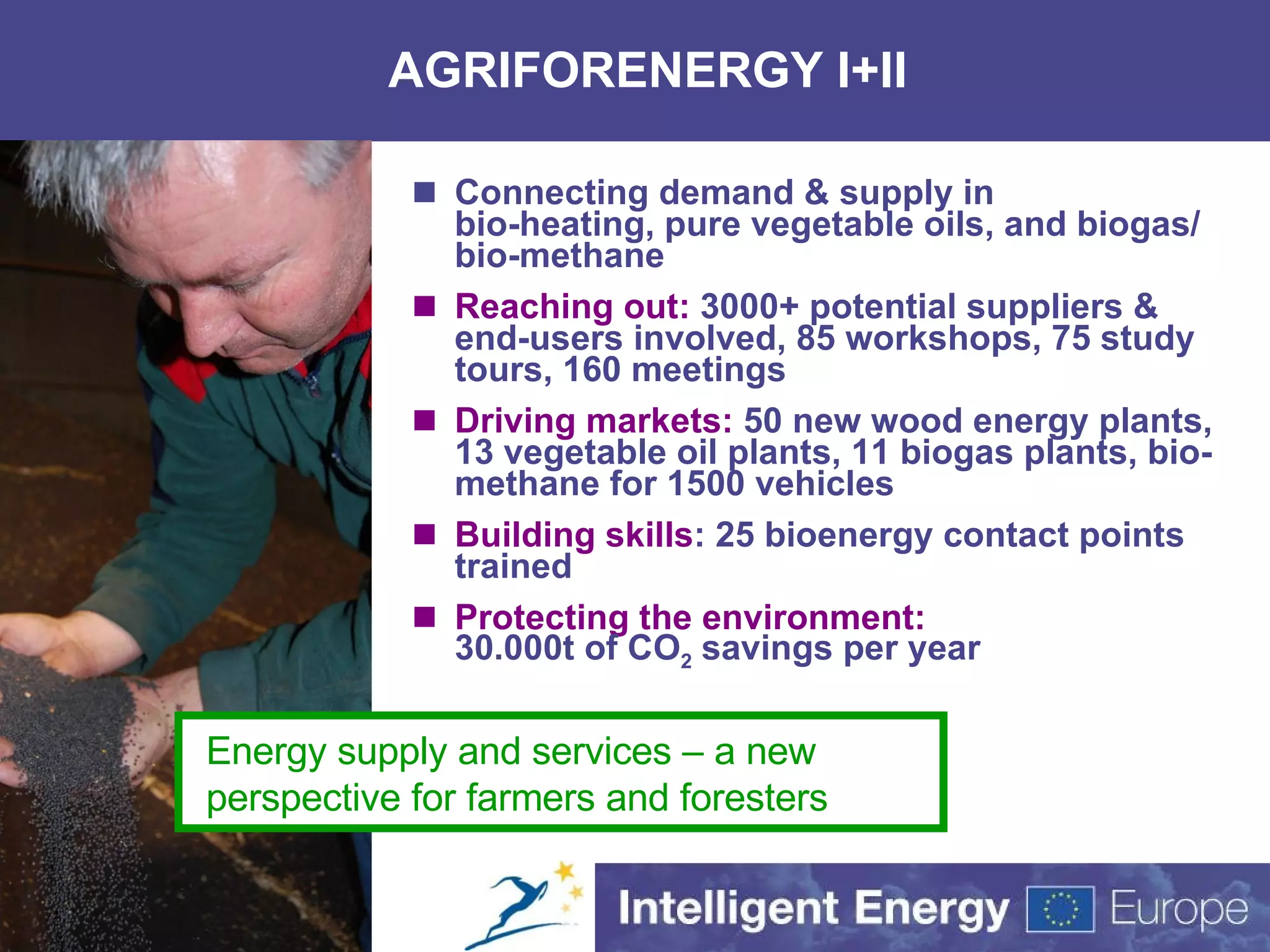 AGRIFORENERGY I+II Connecting demand & supply in bio-heating, pure vegetable oils, and biogas/bio-methane Reaching out:  3000+ potential suppliers & end-users involved, 85 workshops, 75 study tours, 160 meetings Driving markets:  50 new wood energy plants, 13 vegetable oil plants, 11 biogas plants, bio-methane for 1500 vehicles Building skills : 25 bioenergy contact points trained Protecting the environment: 30.000t of CO 2  savings per year Energy supply and services – a new perspective for farmers and foresters 