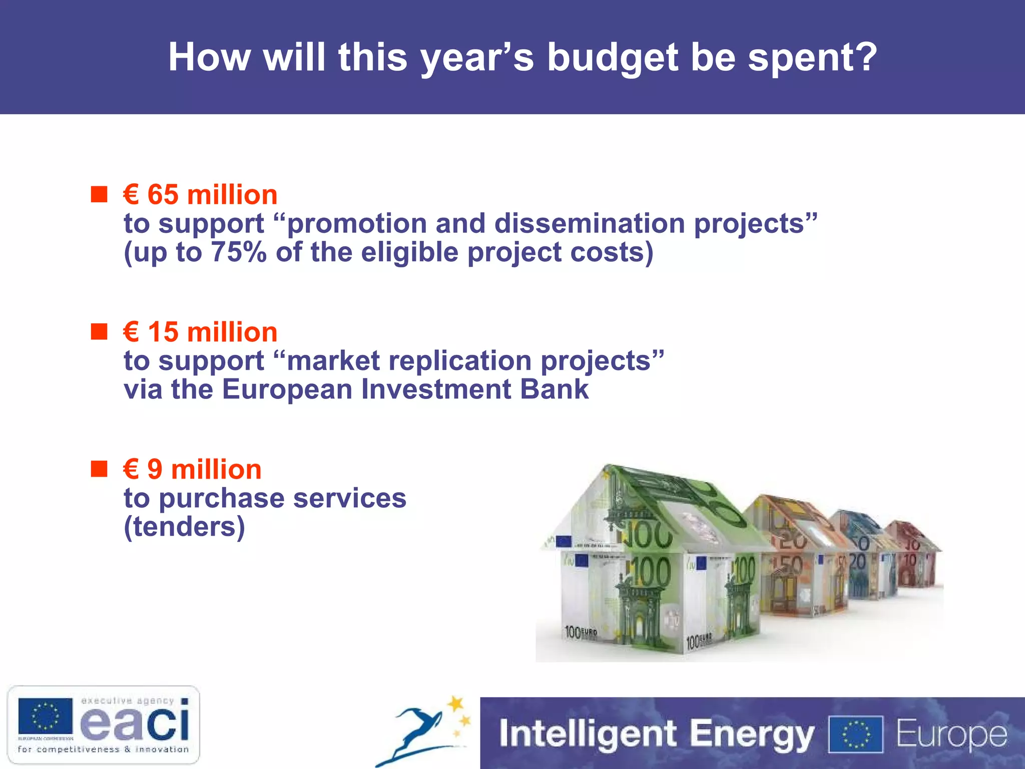 How will this year’s budget be spent? €  65 million to support  “ promotion and dissemination projects ” (up to  75% of the eligible project costs) €  15 million to support “market replication projects” via the European Investment Bank €  9 million to purchase services (tenders) 
