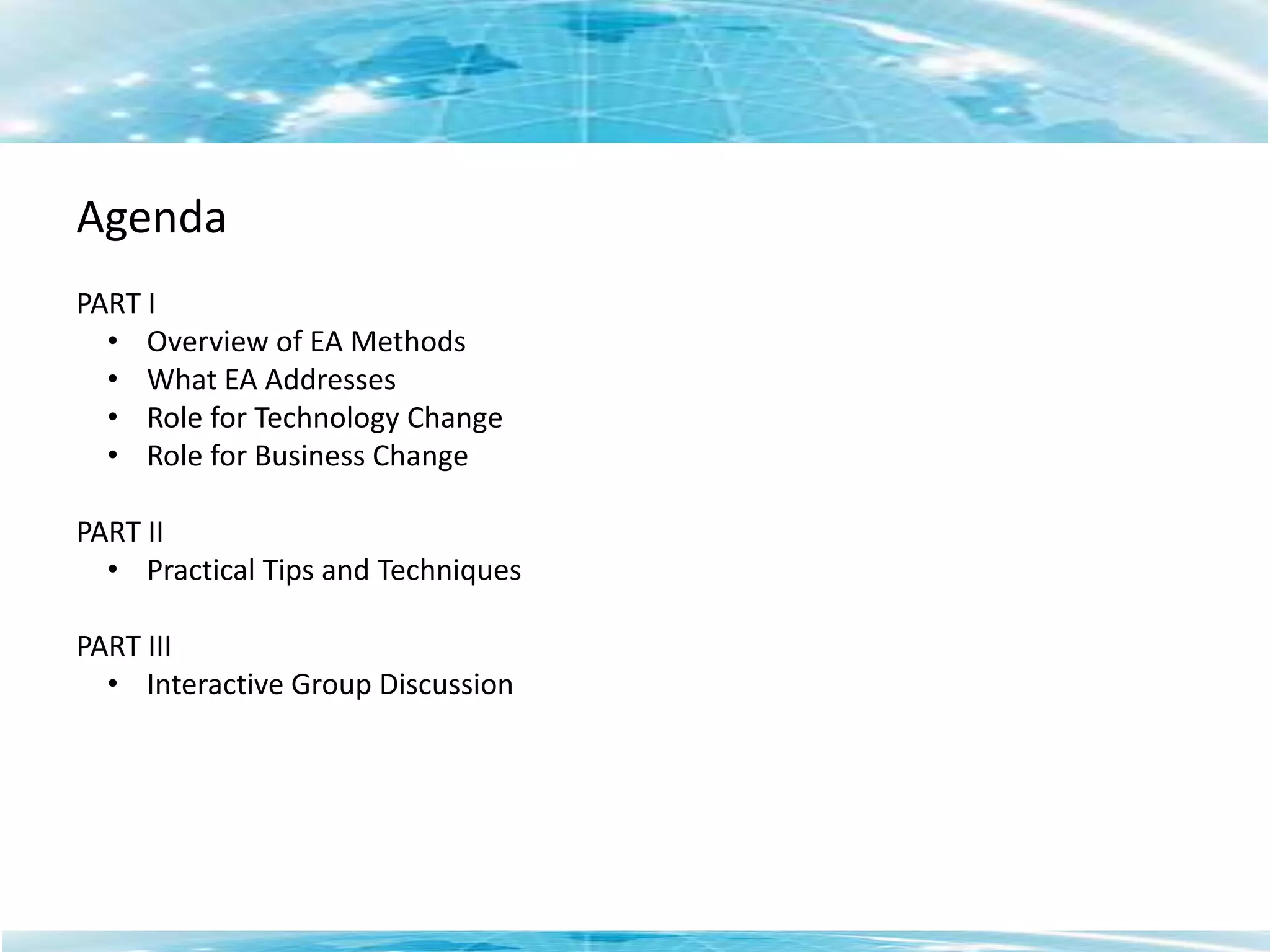 AgendaPART IOverview of EA Methods