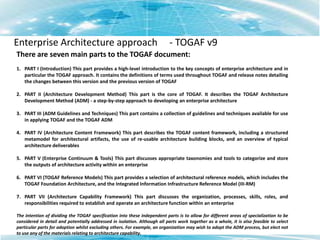 Part I – Overview of EA MethodsTOGAF Capability FrameworkTOGAFBusiness CapabilitiesBusiness vision and driversTOGAF Enterprise Continuum and Tools