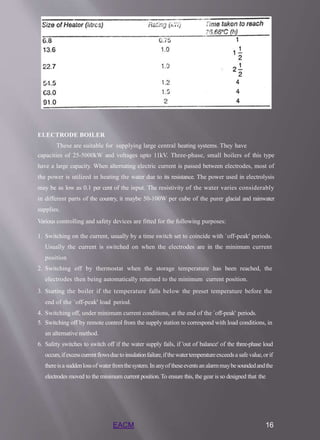 ELECTRODE BOILER
These are suitable for supplying large central heating systems. They have
capacities of 25-5000kW and voltages upto 11kV. Three-phase, small boilers of this type
have a large capacity. When alternating electric current is passed between electrodes, most of
the power is utilized in heating the water due to its resistance. The power used in electrolysis
may be as low as 0.1 per cent of the input. The resistivity of the water varies considerably
in different parts of the country, it maybe 50-100W per cube of the purer glacial and rainwater
supplies.
Various controlling and safety devices are fitted for the following purposes:
1. Switching on the current, usually by a time switch set to coincide with `off-peak' periods.
Usually the current is switched on when the electrodes are in the minimum current
position
2. Switching off by thermostat when the storage temperature has been reached, the
electrodes then being automatically returned to the minimum current position.
3. Starting the boiler if the temperature falls below the preset temperature before the
end of the `off-peak' load period.
4. Switching off, under minimum current conditions, at the end of the `off-peak' periods.
5. Switching off by remote control from the supply station to correspond with load conditions, in
an alternative method.
6. Safety switches to switch off if the water supply fails, if 'out of balance' of the three-phase loud
occurs,ifexcesscurrentflowsduetoinsulationfailure,ifthewatertemperatureexceedsa safevalue,orif
thereisa suddenlossof waterfromthesystem.In anyof theseeventsanalarmmaybesoundedandthe
electrodes moved to the minimum current position.To ensure this, the gear is so designed that the
EACM 16
 