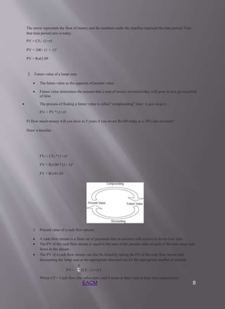 The arrow represents the flow of money and the numbers under the timeline represent the time period. Note
that time period zero is today.
PV = CFt / (1+r)t
PV = 100 / (1 + .1)5
PV = Rs62.09
2. Future value of a lump sum:
 The future value as the opposite of present value
 Future value determines the amount that a sum of money invested today will grow to in a given period
of time
 The process of finding a future value is called “compounding” (hint: it gets larger)
FVt = PV * (1+r)t
P) How much money will you have in 5 years if you invest Rs100 today at a 10% rate of return?
Draw a timeline
FVt = CF0 * (1+r)t
FV = Rs100 * (1+.1)5
FV = Rs161.05
3. Present value of a cash flow stream:
 A cash flow stream is a finite set of payments that an investor will receive or invest over time.
 The PV of the cash flow stream is equal to the sum of the present value of each of the individual cash
flows in the stream.
 The PV of a cash flow stream can also be found by taking the FV of the cash flow stream and
discounting the lump sum at the appropriate discount rate for the appropriate number of periods.
n
PV= Σ [CFt / (1+r)t ]
t=1
Where CF = Cash flow (the subscripts t and 0 mean at time t and at time zero,respectively)
EACM 8
 