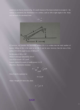 conditions are then as shown in fig.. If a small element of the beam inclined at an angle to the
vertical is considered, the illumination on a surface, such as AB at right angles to the beam
axis can easily be calculated from
I
b2
E 
If, however, we consider the horizontal surface CD, it is evident that the total number of
lumens falling on this is the same as on AB. It can be seen, however, that the area of this
surface CD will be equal to area of AB/cos 
Let the area of AB=a=Sb2
Where S=solid angle subtended by AB at 0
Area of CD=a/cos = Sb2
/cos
Lumens emitted by source of candle power I is SI
Therefore, illumination becomes
cos
b2

I
cos
Sb2
SI
E 
Since b can be expressed as
b=r/cos
where r=height of O above the plane
r2
E 
I
cos3

EACM
8
 