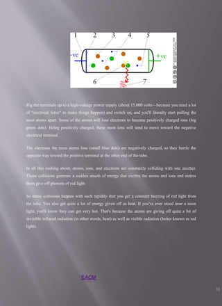 Rig the terminals up to a high-voltage power supply (about 15,000 volts—because you need a lot
of "electrical force" to make things happen) and switch on, and you'll literally start pulling the
neon atoms apart. Some of the atoms will lose electrons to become positively charged ions (big
green dots). Being positively charged, these neon ions will tend to move toward the negative
electrical terminal.
The electrons the neon atoms lose (small blue dots) are negatively charged, so they hurtle the
opposite way toward the positive terminal at the other end of the tube.
In all this rushing about, atoms, ions, and electrons are constantly colliding with one another.
Those collisions generate a sudden smash of energy that excites the atoms and ions and makes
them give off photons of red light.
So many collisions happen with such rapidity that you get a constant buzzing of red light from
the tube. You also get quite a lot of energy given off as heat. If you've ever stood near a neon
light, you'll know they can get very hot. That's because the atoms are giving off quite a bit of
invisible infrared radiation (in other words, heat) as well as visible radiation (better known as red
light).
EACM
31
 