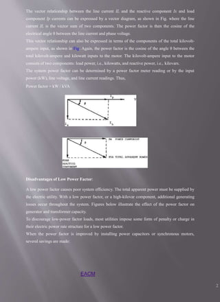 The vector relationship between the line current IL and the reactive component Ix and load
component Ip currents can be expressed by a vector diagram, as shown in Fig. where the line
current IL is the vector sum of two components. The power factor is then the cosine of the
electrical angle θ between the line current and phase voltage.
This vector relationship can also be expressed in terms of the components of the total kilovolt-
ampere input, as shown in Fig. Again, the power factor is the cosine of the angle θ between the
total kilovolt-ampere and kilowatt inputs to the motor. The kilovolt-ampere input to the motor
consists of two components: load power, i.e., kilowatts, and reactive power, i.e., kilovars.
The system power factor can be determined by a power factor meter reading or by the input
power (kW), line voltage, and line current readings. Thus,
Power factor = kW / kVA
Disadvantages of Low Power Factor:
A low power factor causes poor system efficiency. The total apparent power must be supplied by
the electric utility. With a low power factor, or a high-kilovar component, additional generating
losses occur throughout the system. Figures below illustrate the effect of the power factor on
generator and transformer capacity.
To discourage low-power factor loads, most utilities impose some form of penalty or charge in
their electric power rate structure for a low power factor.
When the power factor is improved by installing power capacitors or synchronous motors,
several savings are made:
EACM
2
 